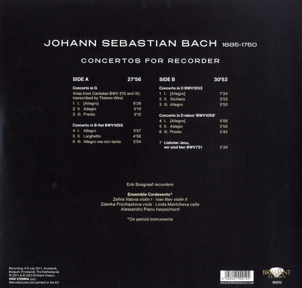 |  Vinyl LP | Erik Bosgraaf - J.S. Bach Concertos For Recorder (LP) | Records on Vinyl