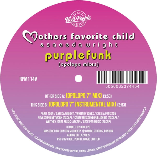 |  7" Single | Mothers Favorite Child & Saeeda Wright - Purple Funk (Opoloppo Remixes) (Single) | Records on Vinyl
